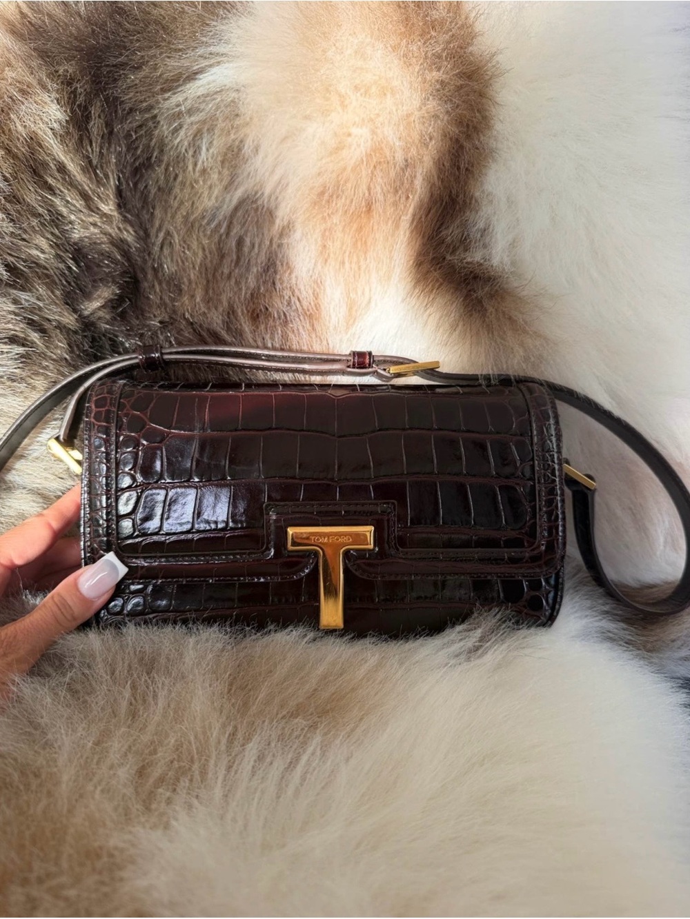 Tom Ford Brown Croc-Embossed Leather Shoulder Bag with Gold Hardware